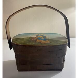 Vintage 60-70's Velvet Lined Wooden Basket Purse Hand Painted Hippie Girl Boho